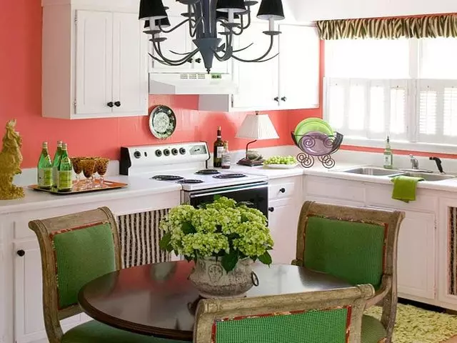 Kombinace barev v interiéru kuchyně: zelená, hnědá, šedá