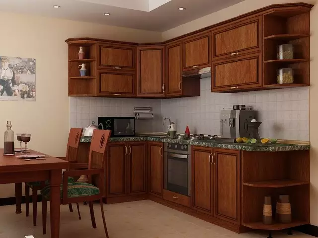 Kombinace barev v interiéru kuchyně: zelená, hnědá, šedá