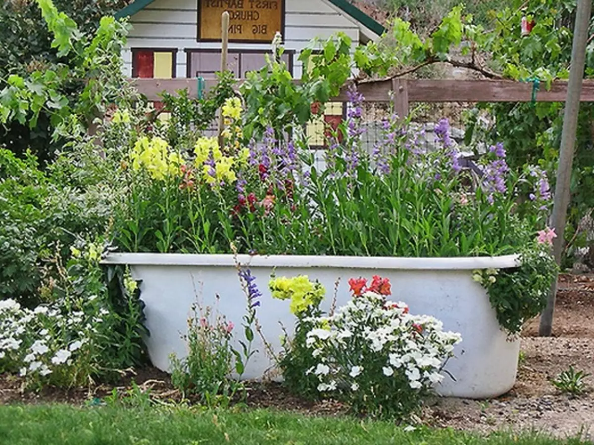 Lo que se puede hacer desde el baño antiguo en la casa de campo: la cama de flores original, un pequeño estanque, un sofá acogedor (37 fotos)